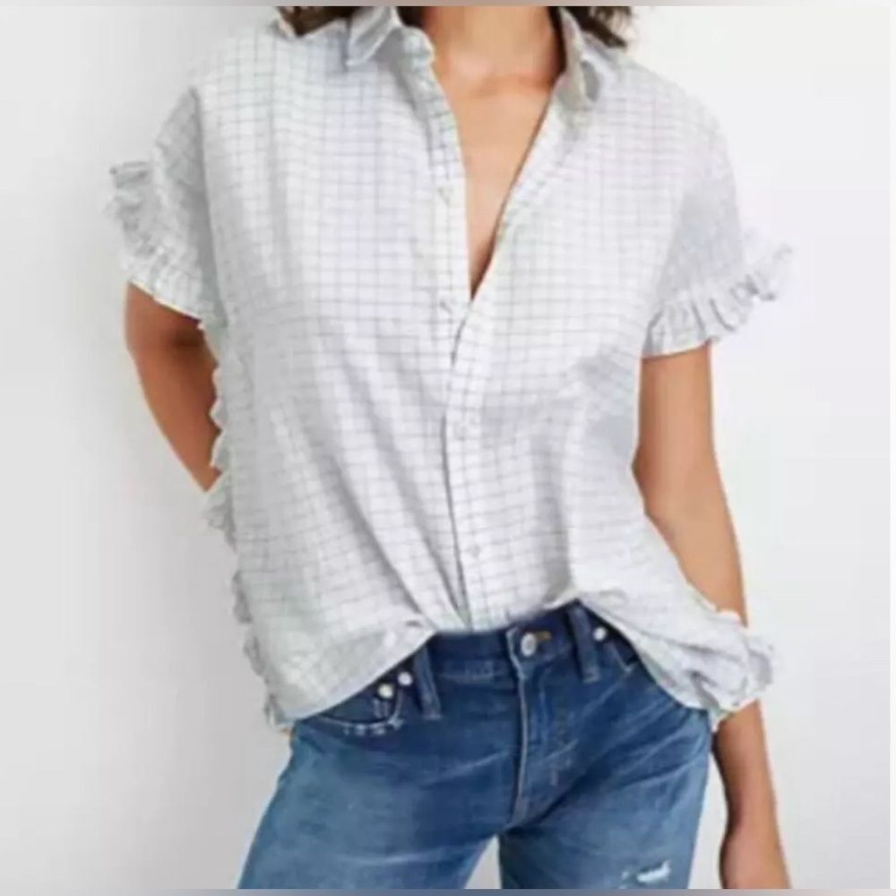 Madewell Windowpane Ruffle-Side Shirt Size Small